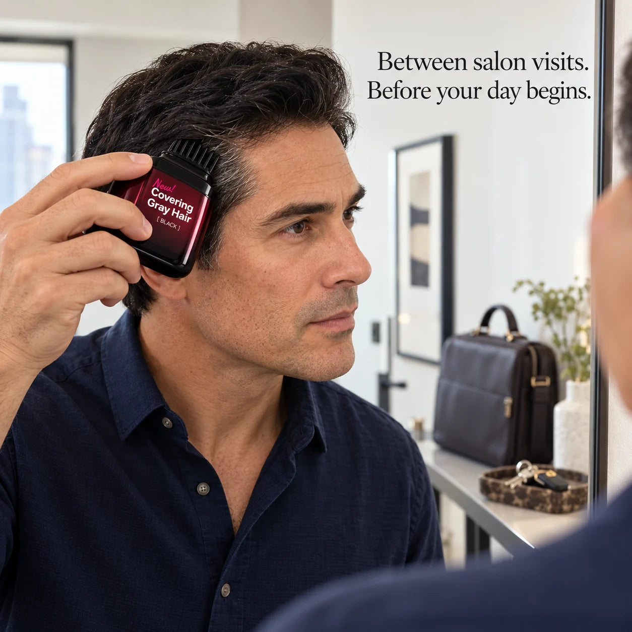 Adult using the hair color comb at a bathroom mirror before work