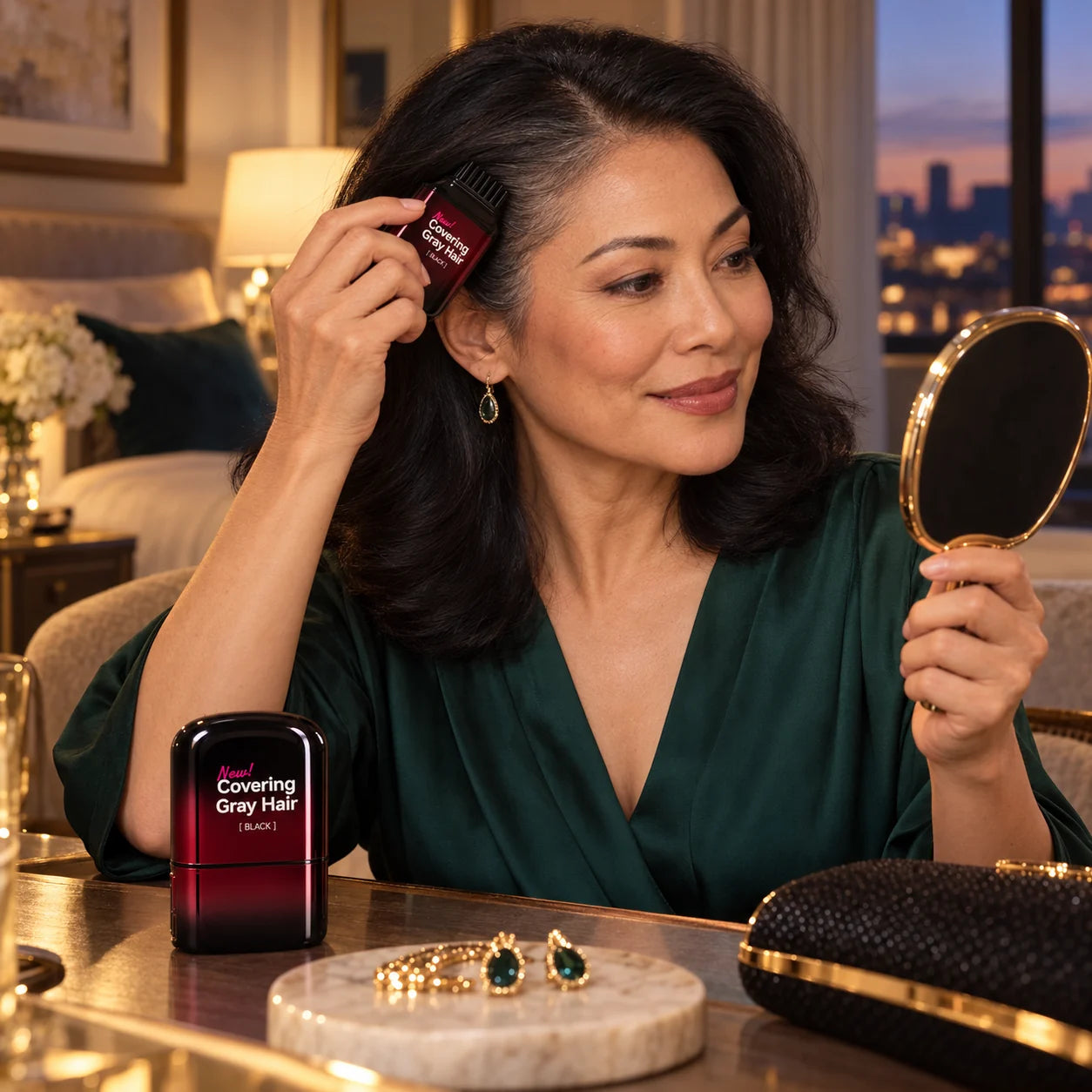 Compact hair color stick beside getting-ready essentials