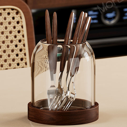 Covered Cutlery Storage Holder with Wood-Look Base