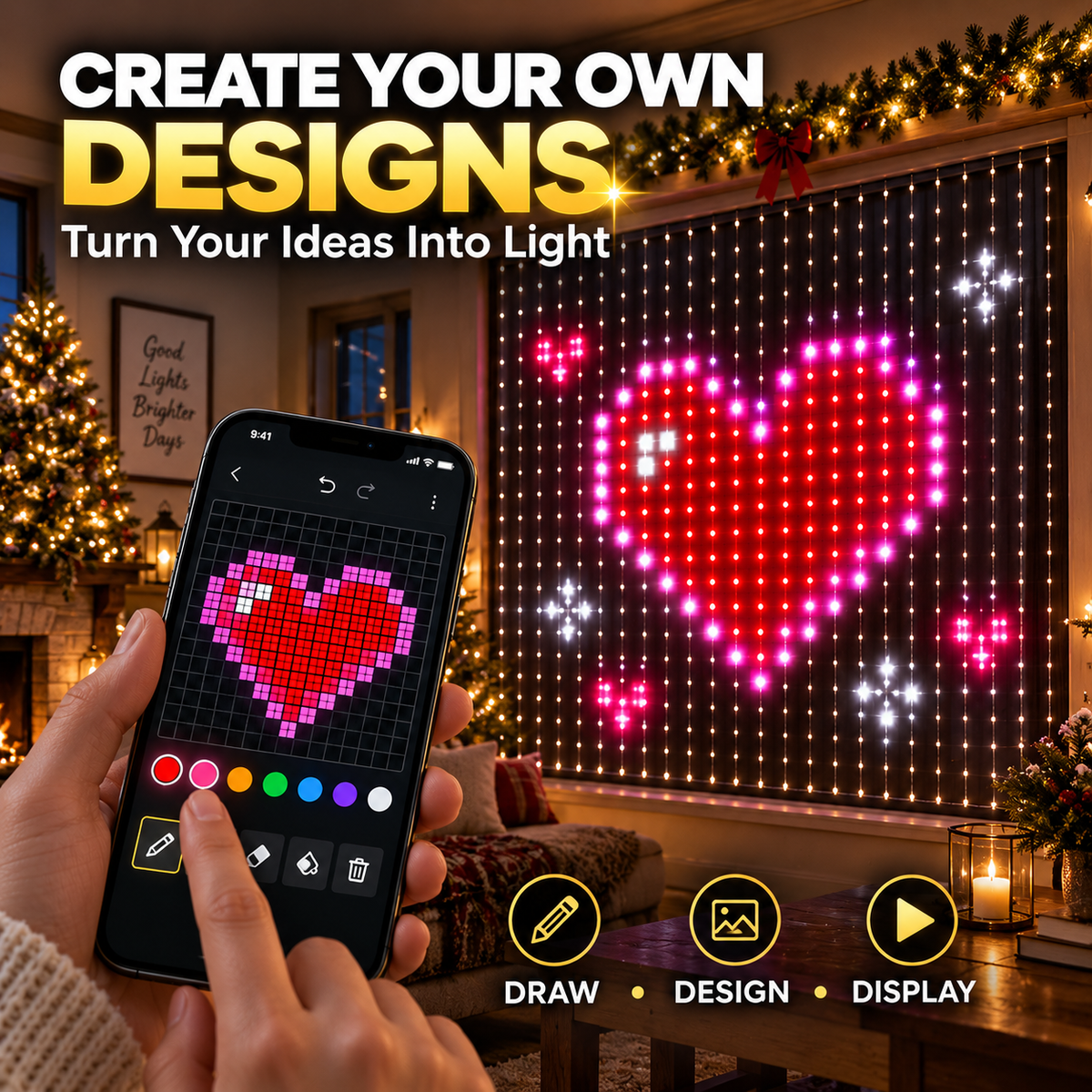 🔥HOT SALE 50% OFF🎁⚡50K+ SOLD! Almost Gone-💥✨ Smart App-Controlled DIY LED Pixel Curtain Lights (Animated Christmas Screen)