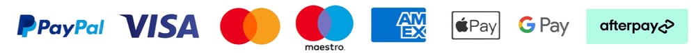PayPal, Visa, Mastercard, Maestro, American Express, Apple Pay, Google Pay and Afterpay logos